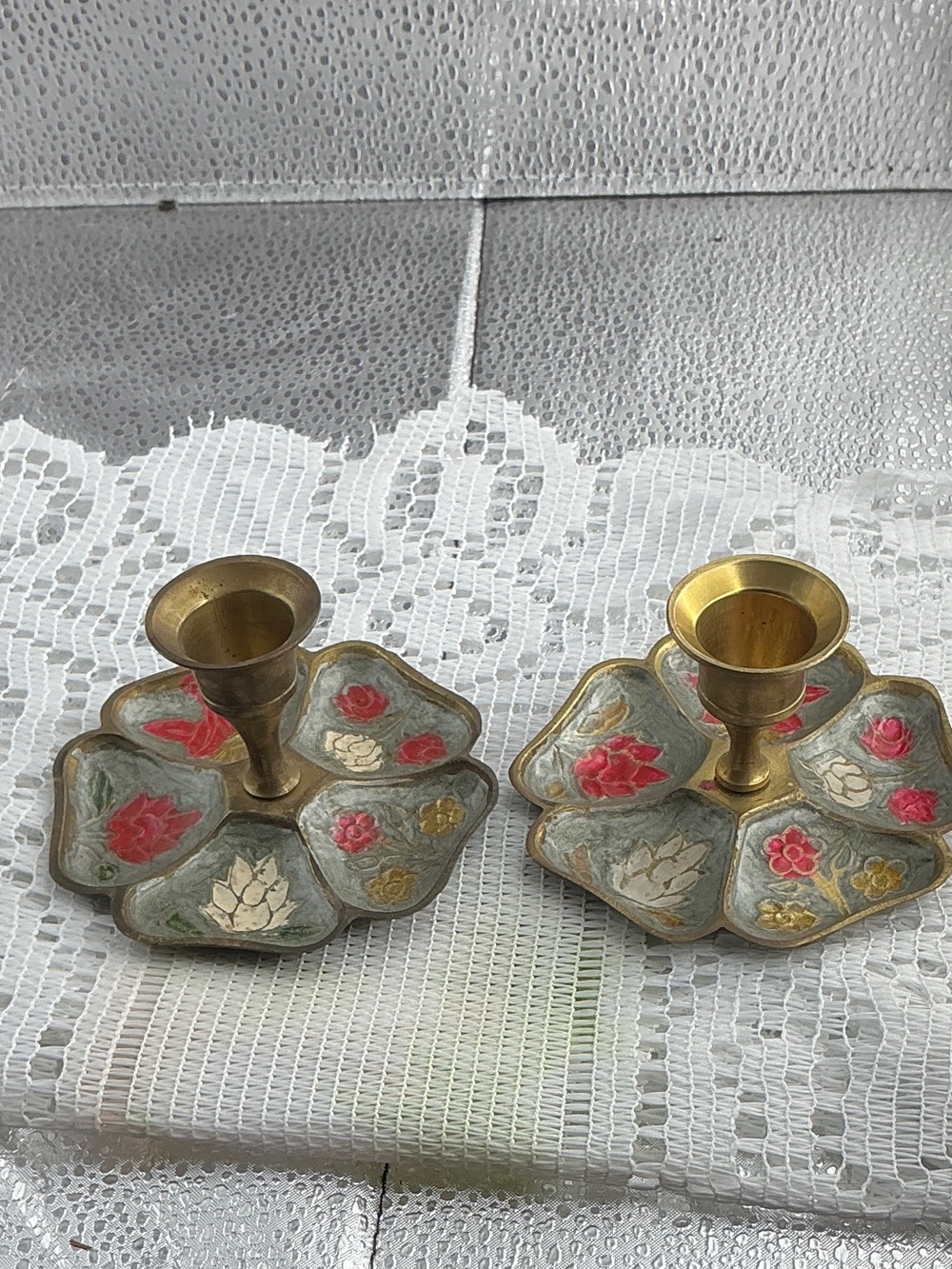 Vintage Pair of Floral Enameled Brass Candle Holders From India